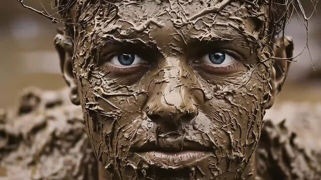 Close-up of a person's face covered in mud, eyes visible.