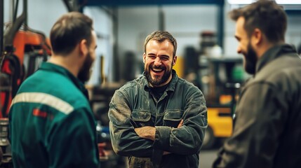 Shared Laughter on the Factory Floor: A trio of jovial mechanics share a hearty laugh amidst the industrial backdrop