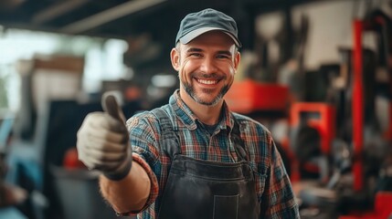 Master Mechanic's Approval: A cheerful mechanic in his workshop, giving a thumbs-up of approval with a genuine smile, conveying trust and expertise. 