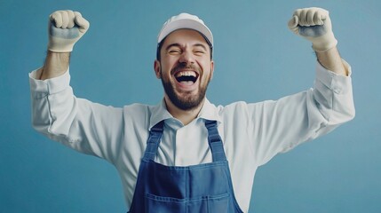 Blue Collar Triumph: A jubilant worker, dressed in his blue uniform and white cap, raises his arms in victory against a vibrant blue background. 