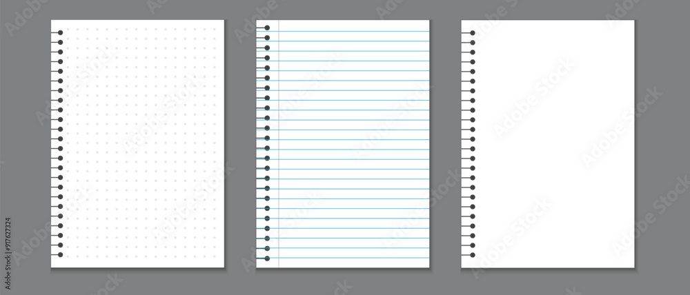 Aufkleber paper notebook, blank paper note book, notebook sheet, notebook page template, line notepad pages, dot graph notepad page vector illustration.