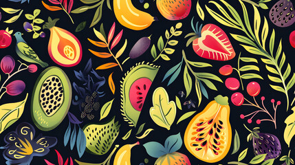 Naklejka premium Seamless Watercolor Flat Lay Composition With Fresh Fruits With Leaves a Vibrant Pattern on a Black Background Print for Textile, Packaging, Banner, Decor, Wrap, Fashion, Accessories, Web, Social.