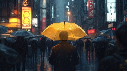 walking along the street under a gray umbrella.