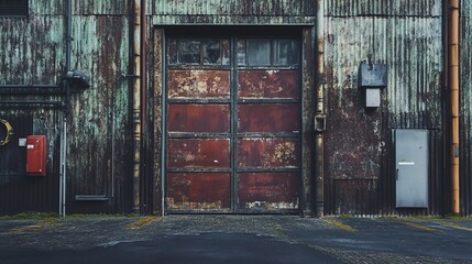 Rusty Secrets: A weathered industrial door, its faded red paint whispering tales of time and toil, guards the secrets within. 