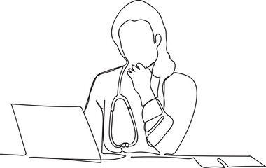 Single line drawing of a nurse sitting in front of a labtop, vector art illustration of a doctor fully dressed with examination tools sitting in front of a labtop.
