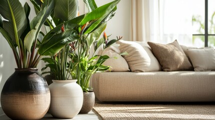 Naklejka premium Large plants in vases arranged on the floor next to a sofa. modern home decor with elegant greenery and soft lighting. Living room, Domestic life, Relax, Safe zone.
