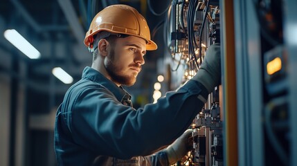 Focused Expertise: A skilled electrician, wearing a hard hat and work overalls, meticulously inspects and repairs intricate electrical wiring in an industrial setting, showcasing dedication and expert