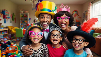 Fototapeta premium Title: A Joyful Family of Four Featuring Two Parents and Two Children