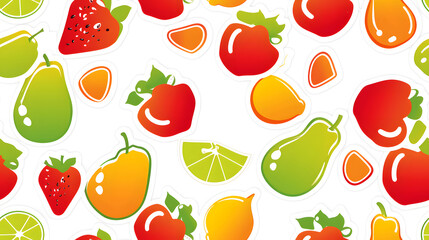 Obraz premium Seamless Watercolor Flat Lay Composition With Fresh Fruits With Leaves a Vibrant Pattern on a Plain Background Print for Textile, Packaging, Banner, Decor, Wrap, Fashion, Accessories, Web, Social.