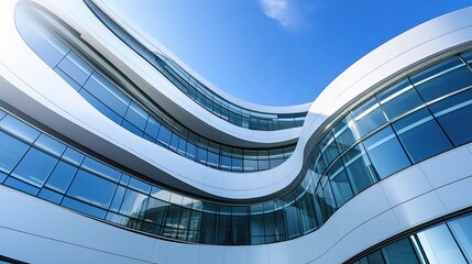 Modern Architectural Marvel: A symphony of glass and curves against a vibrant blue sky. 