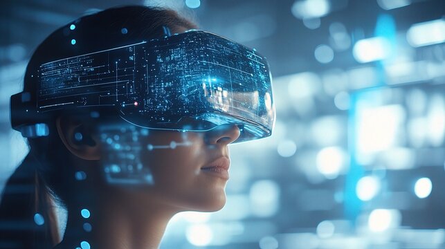 Immersed in the Digital Realm: A woman wearing a VR headset experiences the immersive world of virtual reality, surrounded by a futuristic digital landscape.  
