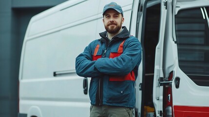 Reliable Delivery: A confident delivery driver stands beside his van, arms crossed, showcasing his professionalism and dedication to timely and efficient service.  