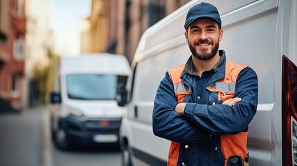 Confident Delivery Driver: A friendly delivery driver stands proudly in front of his van, exuding confidence and professionalism. 