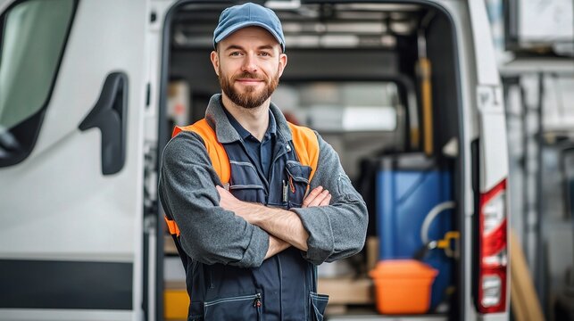 The Reliable Tradesman: A confident worker in uniform smiles at the camera, his van and tools in the background, ready for a day of service. 