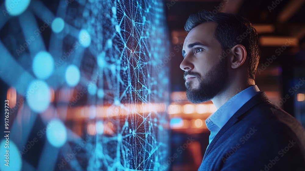 Poster the data architect: a contemplative businessman gazes intently at a digital network of interconnecte