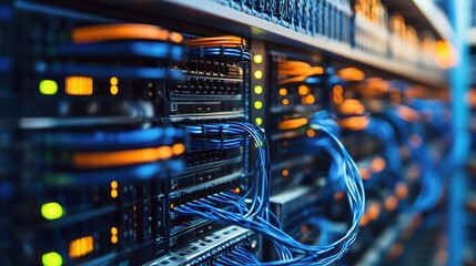Naklejka premium IT jobs with network engineers setting up server racks in a data center, copy space