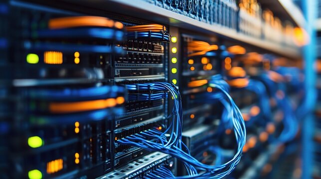 IT jobs with network engineers setting up server racks in a data center, copy space