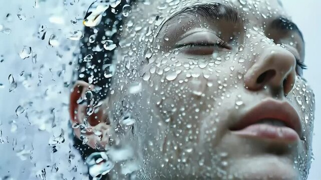 Close-up of a woman's face covered in water droplets.