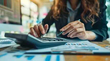 Fototapeta premium Woman accountant use calculator and computer with holding pen on
