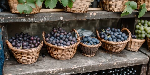 Rustic Market Display with Baskets of Fresh Grapes on Wooden Shelves Perfect for Farmers Markets and Vineyard Harvest Scenes