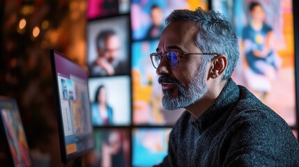 Master of the Digital Canvas: A seasoned graphic designer, illuminated by the vibrant glow of his computer screen, meticulously crafts visuals in his neon-lit studio.