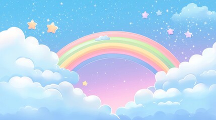 Dreamy Pastel Cloudscape with Stars and Rainbow