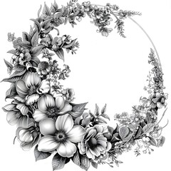 Floral frame and wreath element for wedding invitation template black color only on white background,
