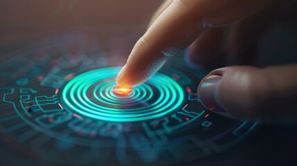 Finger touching futuristic digital interface with glowing blue and orange light, representing technology, innovation, and user interaction.