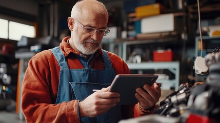 Master Mechanic's Digital Precision: Senior mechanic in a bustling workshop, meticulously reviewing technical schematics on a tablet