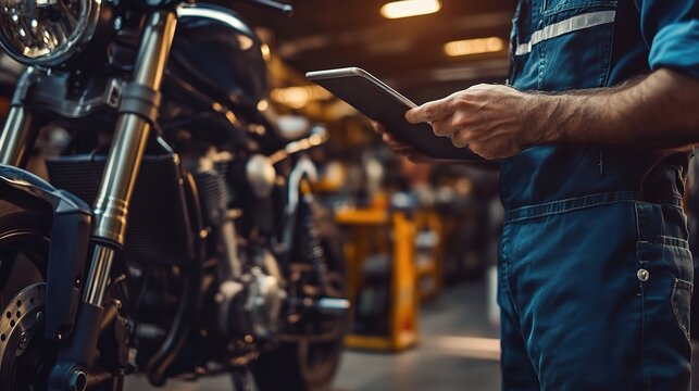 Motorcycle Mechanic Digital Inspection: A close-up shot of a motorcycle mechanic's hands holding a tablet, inspecting a powerful motorcycle in a well-lit workshop. 