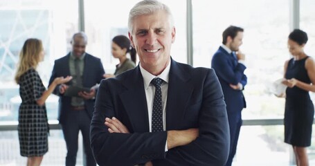 Arms crossed, business and man in office for success with corporate pride, empowerment portrait or network. Senior leader, professional face or job motivation at workshop, about us or company mission
