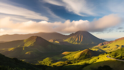 Fototapeta premium Title: A serene mountain landscape on the lush green island