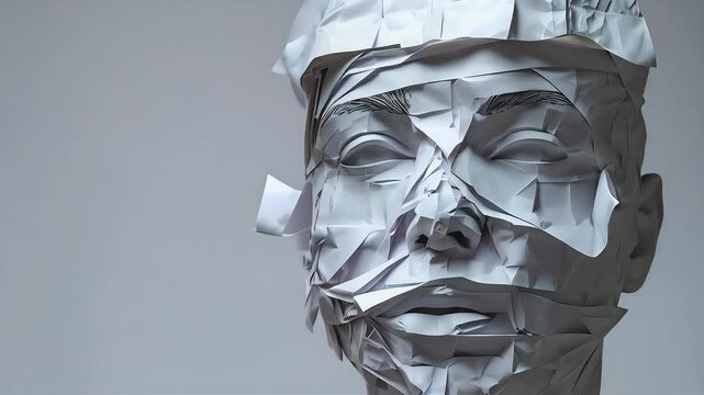 Crumpled paper sculpture of a human head.