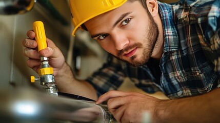 Focused Determination: A skilled plumber, wearing a yellow hard hat, meticulously works on a pipe