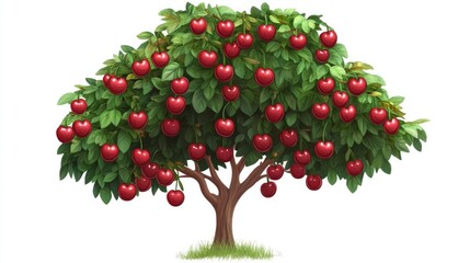 Fototapeta premium Cute cartoon cherry tree with clusters of bright red cherries, isolated on white.