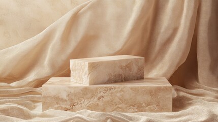 Broken stone podium displayed on a beige background  decorated with luxurious fabric. 