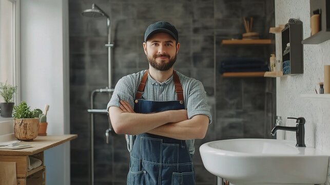 The Confident Craftsman: A bearded plumber stands proudly in a modern bathroom, arms crossed and a twinkle in his eye, embodying expertise and reliability. 