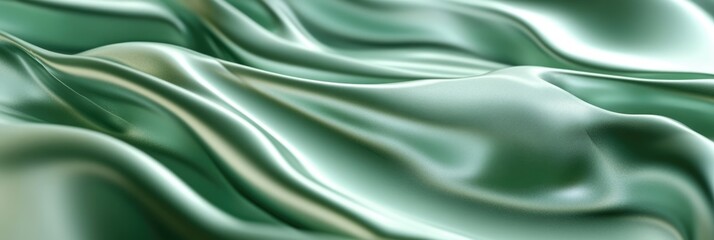 Fototapeta premium Green soft satin fabric waves background design. Texture with smooth flowing patterns and light shiny effect
