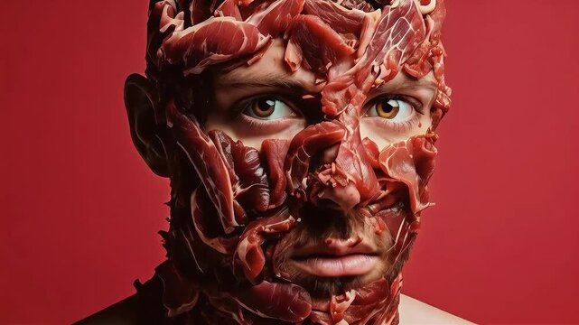 Man's face covered in raw meat, red background.