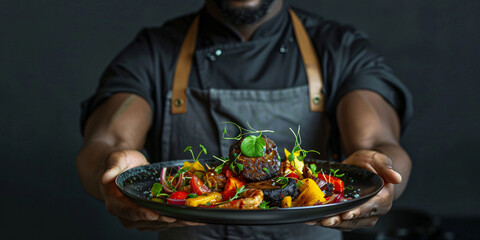 A professional chef proudly presents a plate of beautifully grilled food with fresh vegetables,  demonstrating culinary expertise and showcasing a delectable meal ready to be enjoyed.