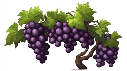 Fototapeta premium A playful cartoon grapevine with clusters of grapes, isolated on white background.