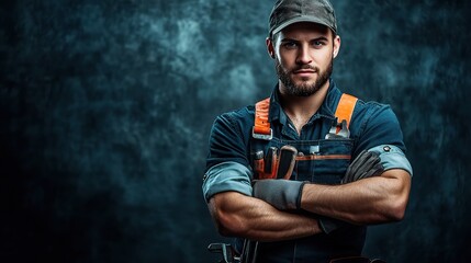The Reliable Handyman: Portrait of a confident handyman in uniform, tools at the ready, against a textured blue background. 