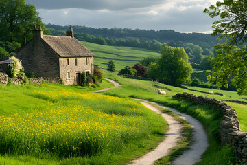 Obraz premium Rolling, green hills, pastoral, idyllic, countryside, meandering streams, vibrant wildflowers, grazing livestock, picturesque, high quality, photorealistic