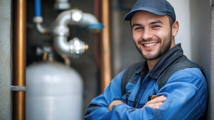 Confident and Ready:  A skilled plumber with a friendly smile and a dedicated look, ready to tackle any plumbing challenge.  