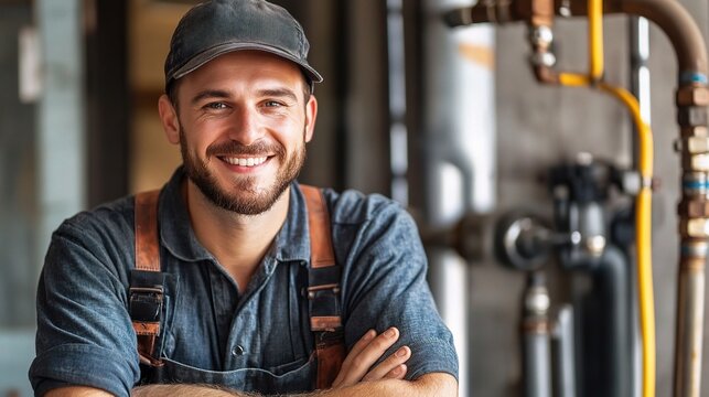 Confident Plumber: A skilled and friendly plumber, with a warm smile and arms crossed, stands confidently against a backdrop of industrial pipes