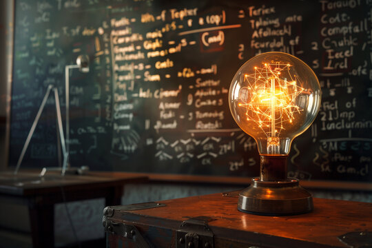  Glowing lamp surrounded by physical and mathematical formulas for science and education