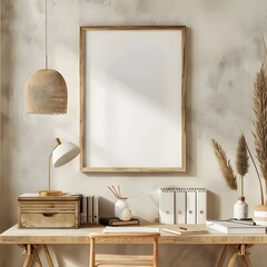 table and lamp on wooden table on whitebackground, Modern Wooden Frame Mockup Above Desk Workspace,
