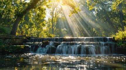 Sunbeams Illuminating Waterfall