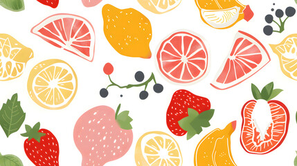 Seamless Watercolor Flat Lay Composition With Fresh Fruits With Leaves a Vibrant Pattern on a Plain Background Print for Textile, Packaging, Banner, Decor, Wrap, Fashion, Accessories, Web, Social.