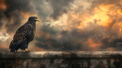 A striking eagle artwork on a wall with a dramatic, stormy weather background, created with digital art